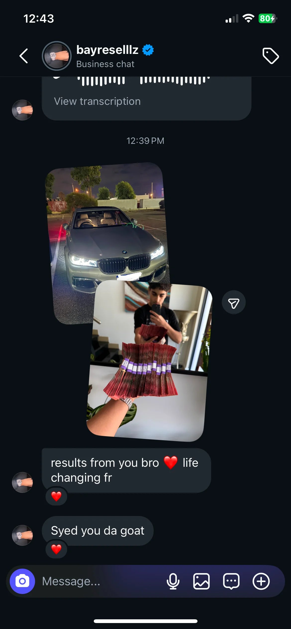 DM with car + cash: "results from you bro, life changing fr — Syed you da goat"