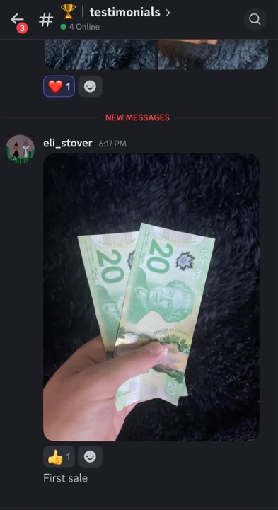 Student holding cash — "First sale"